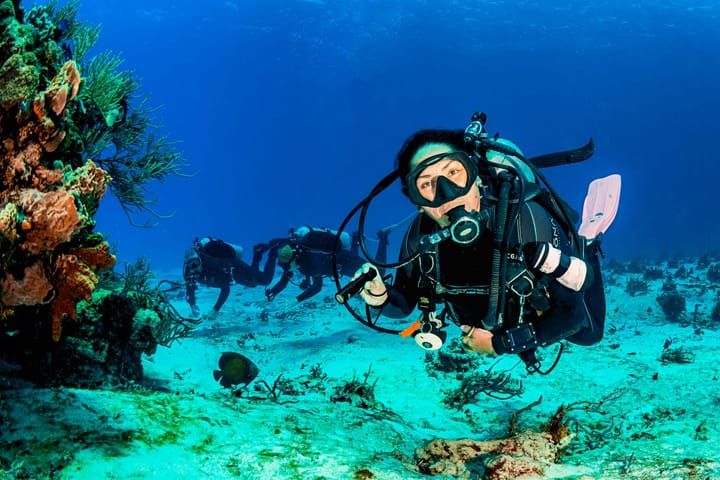 Scuba diving in Cozumel, Mexico next to a colorful reef