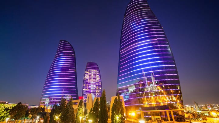 Beautiful buildings in Azerbaijan at night.
