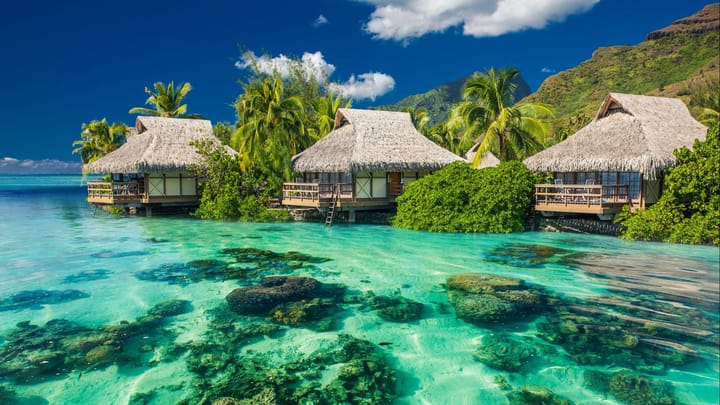 Bungalows on the ocean front in Tahiti.
