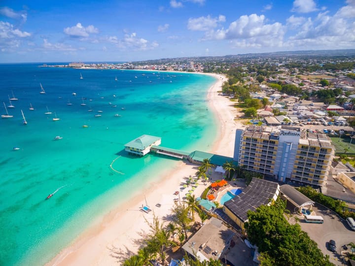 Beach view of a resort in Barbados. 