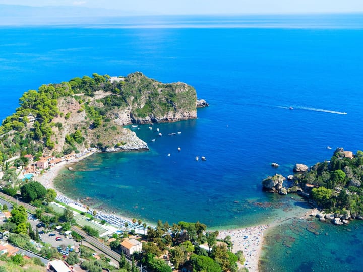 Ariel view of Taormina Beach, Sicily Italy