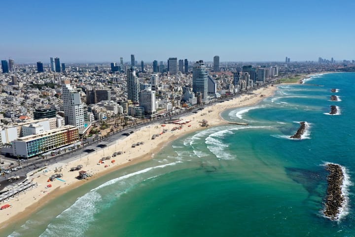 Ariel view of the beach in Tel Aviv, Israel.